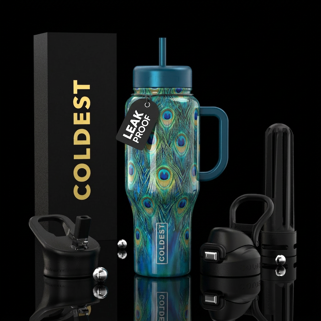 Peacock glaze,glossy,trompe-l'œil water bottle design