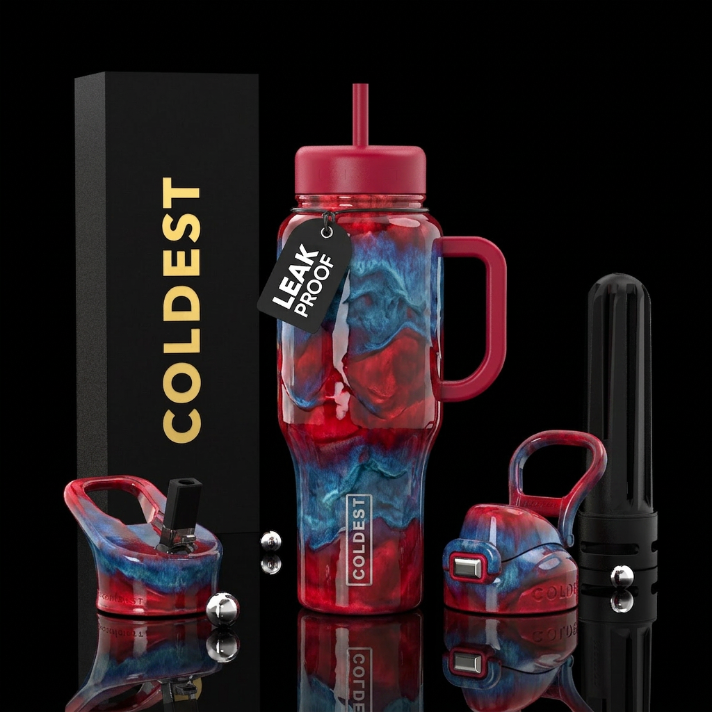 Red and blue glaze, glossy, trompe-l'œil water bottle design