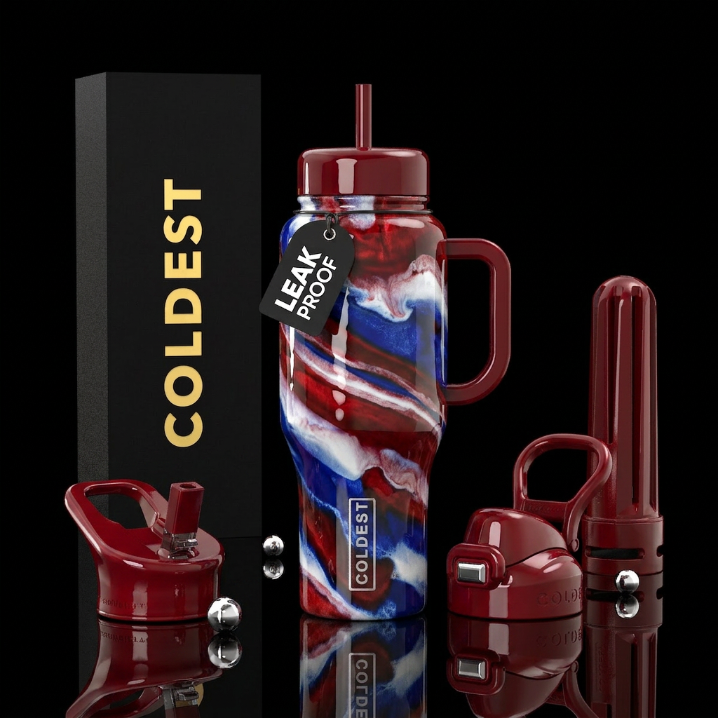 Red white and blue glaze, glossy, trompe-l'œil water bottle design