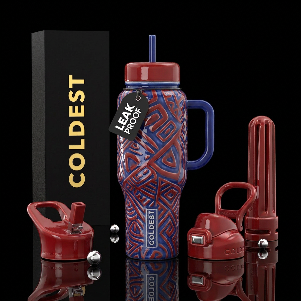 Red and blue glaze, glossy, trompe-l'œil water bottle design