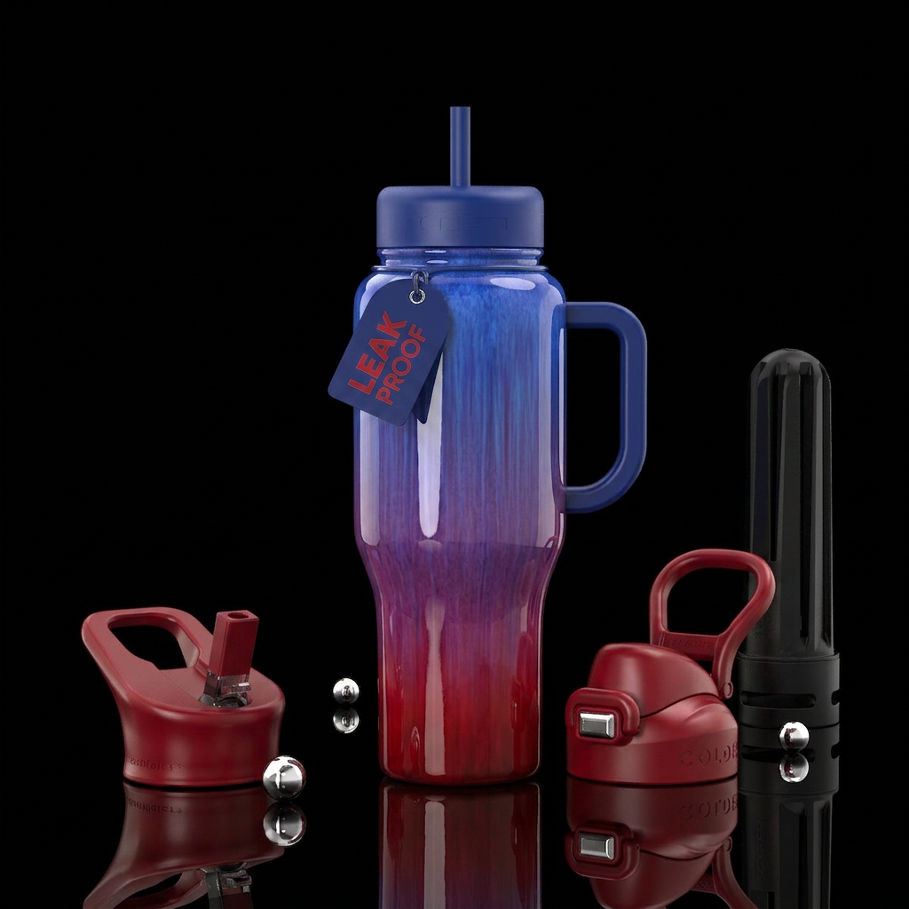 Red and blue glaze, glossy, trompe-l'œil,ombre water bottle design