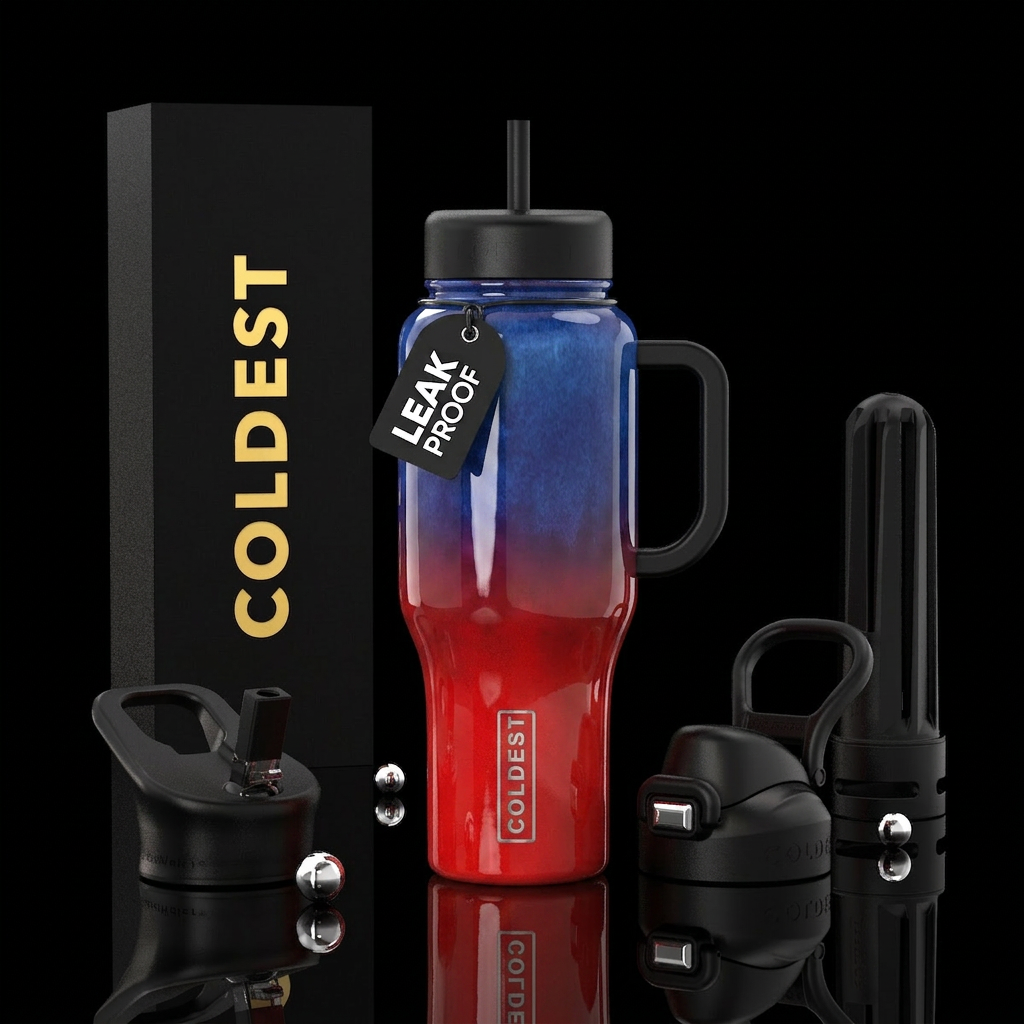 Red and blue glaze, glossy, trompe-l'œil,ombre water bottle design