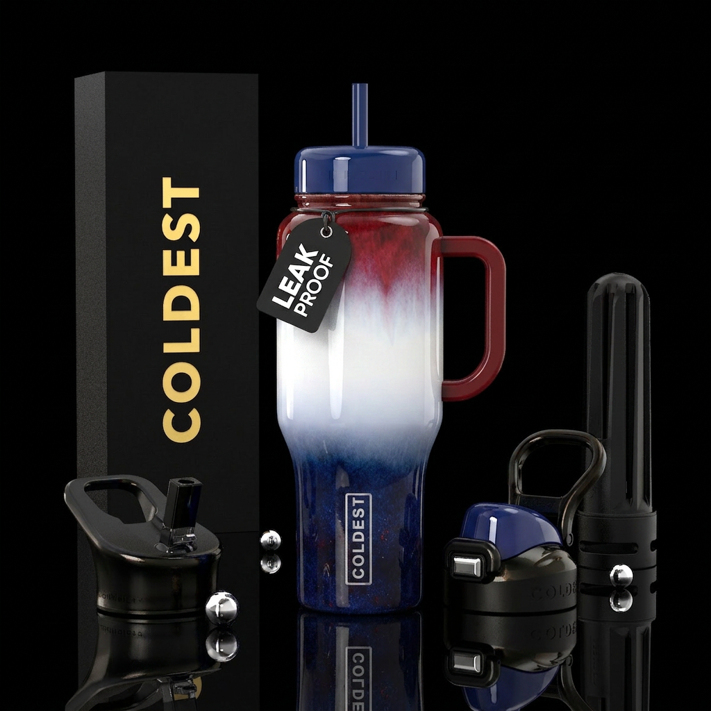 Red white and blue glaze, glossy, trompe-l'œil,omb... water bottle design