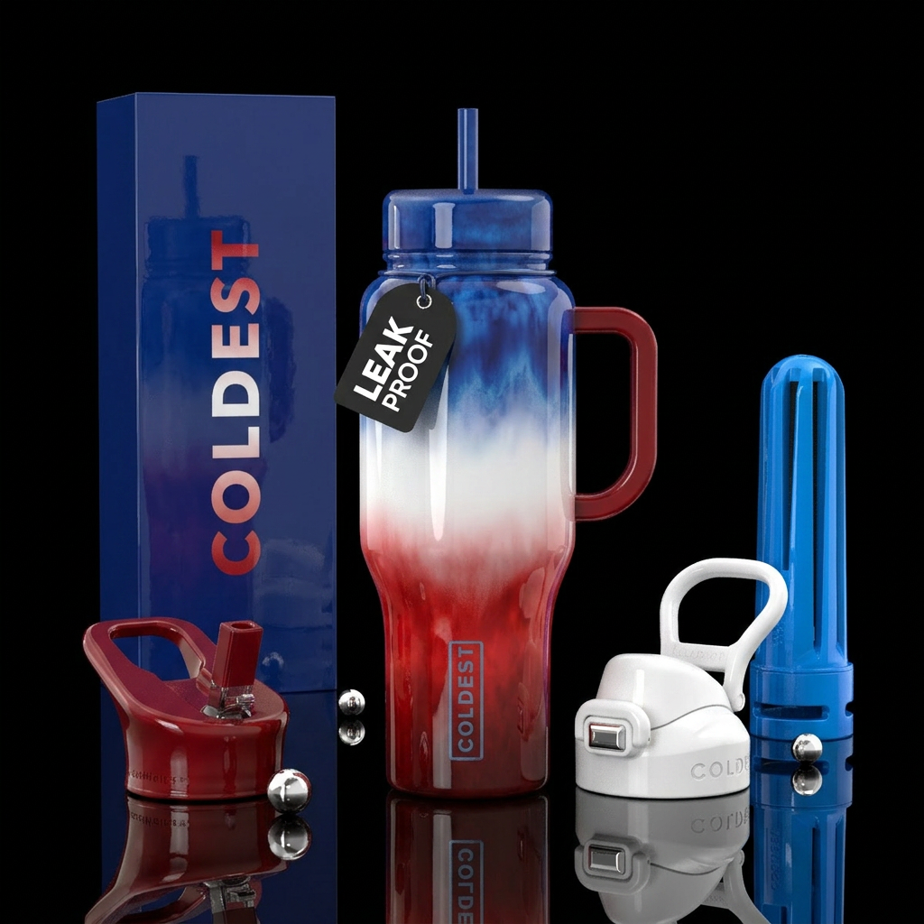 Red white and blue glaze, glossy, trompe-l'œil,omb... water bottle design