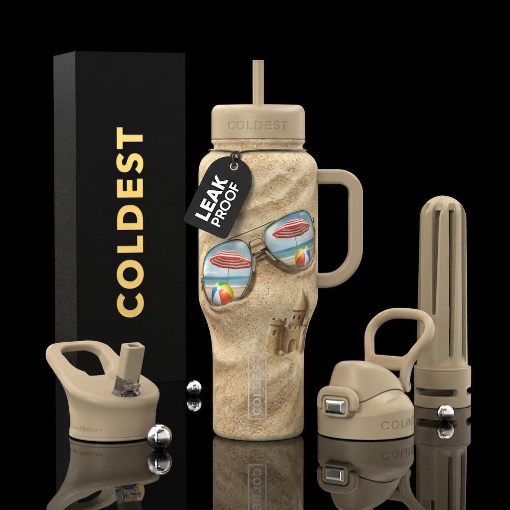 Beach sand sunglasses laying in the sand and in su... water bottle design