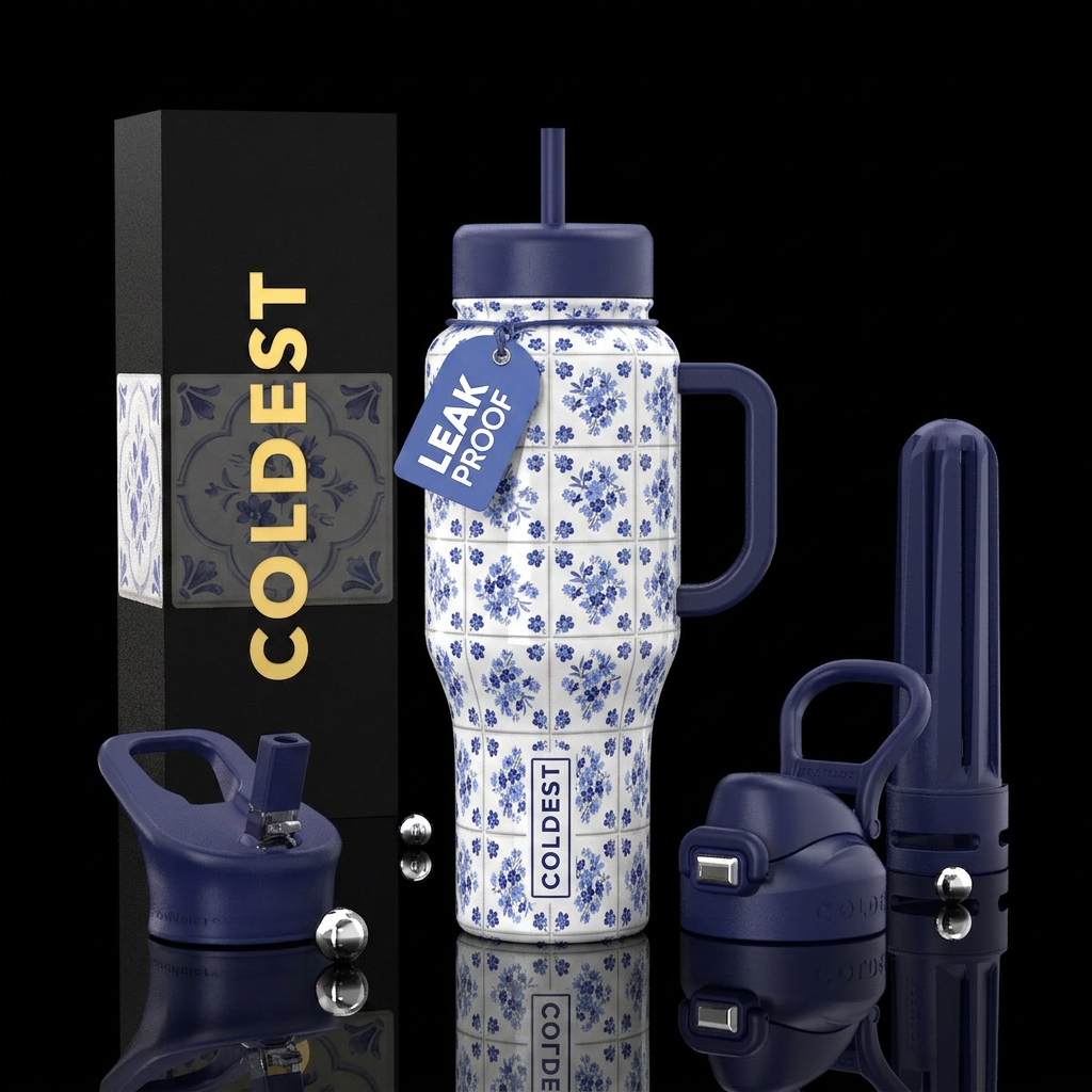 White tiles with indigo and cornflower blue tiny f... water bottle design