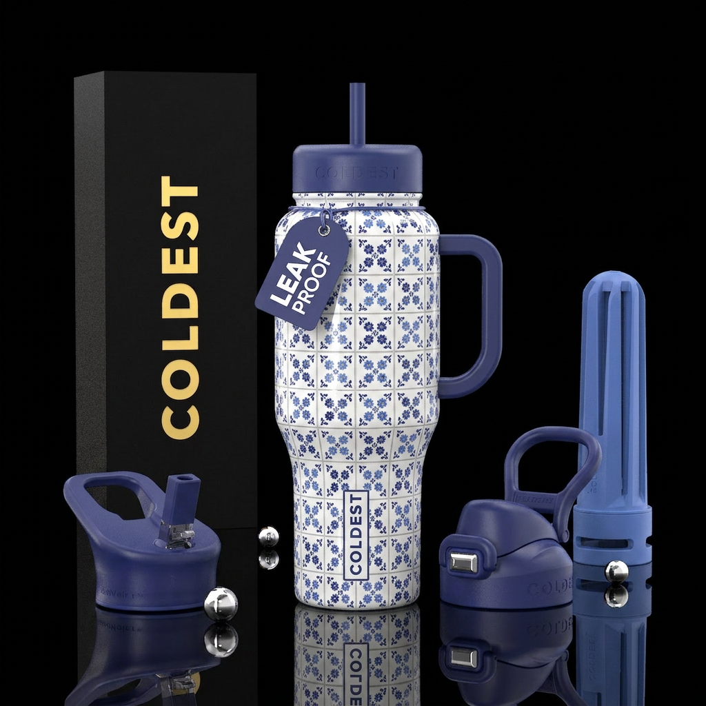 White tiles with indigo and cornflower blue tiny f... water bottle design