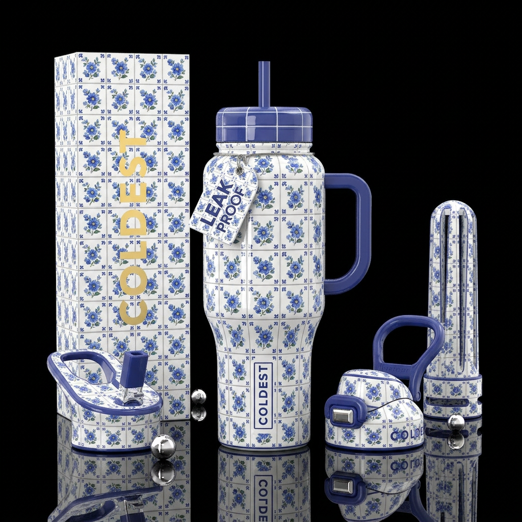 White tiles with indigo and cornflower blue green ... water bottle design