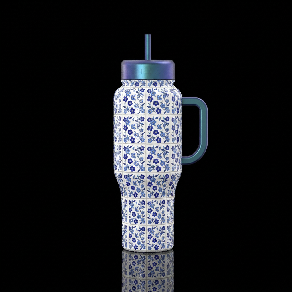 White tiles with indigo and cornflower blue green ... water bottle design