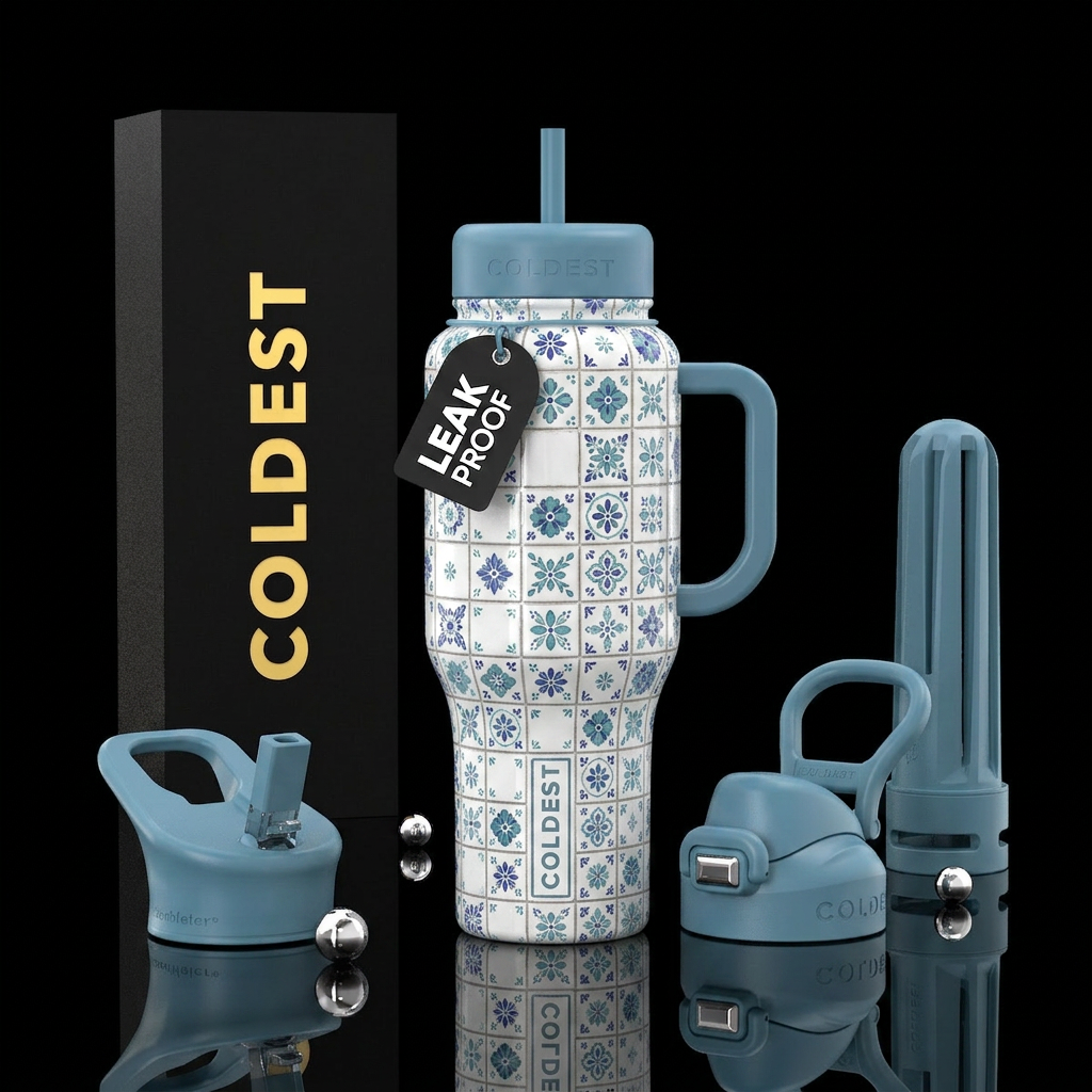 White tiles with indigo and cornflower blue green ... water bottle design