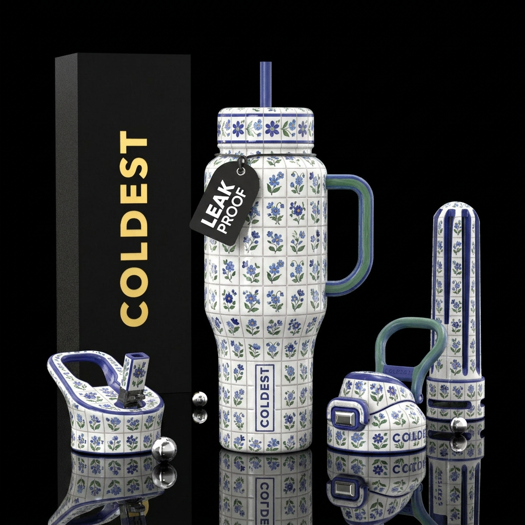 White tiles with indigo and cornflower blue green ... water bottle design