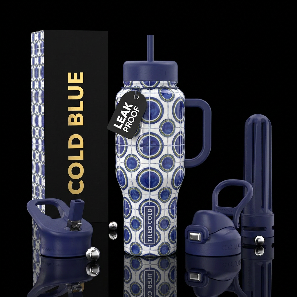White tiles with indigo and cornflower blue green ... water bottle design