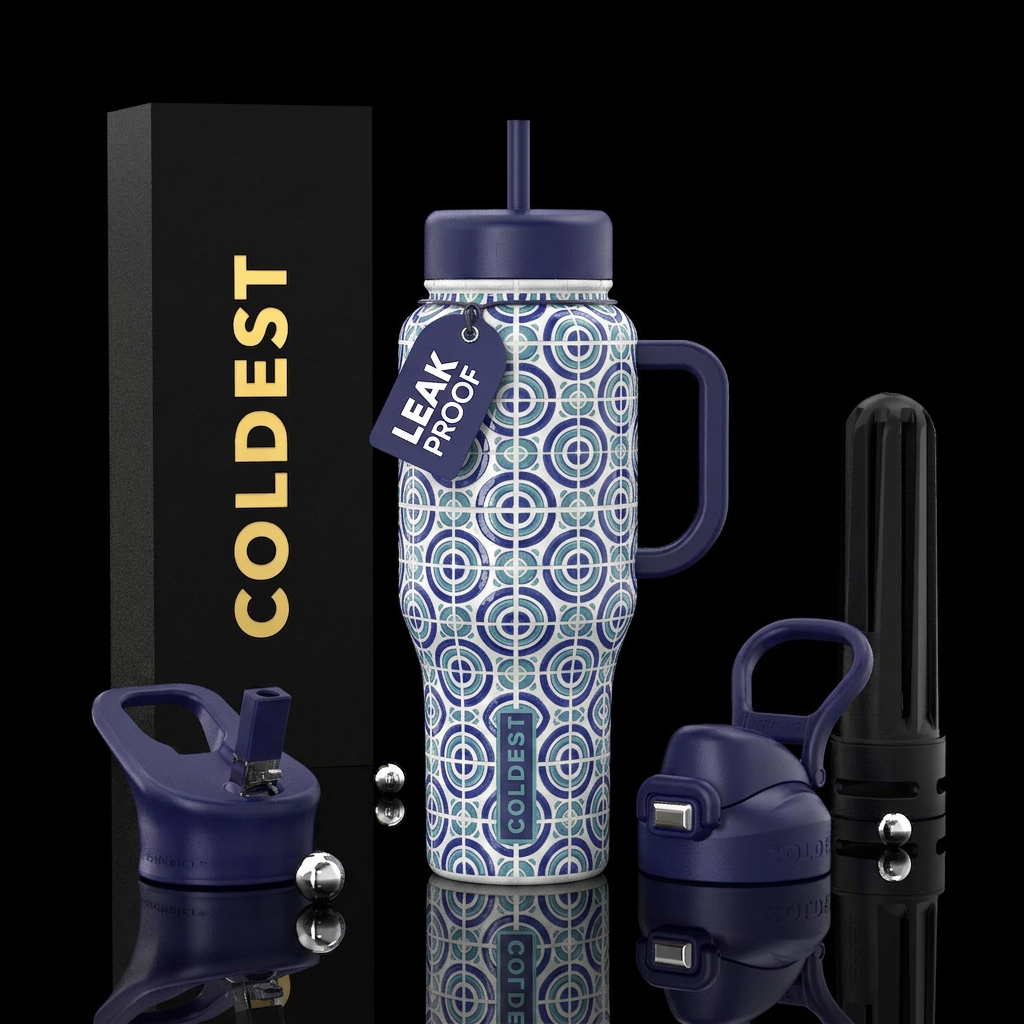 White tiles with indigo and cornflower blue green ... water bottle design