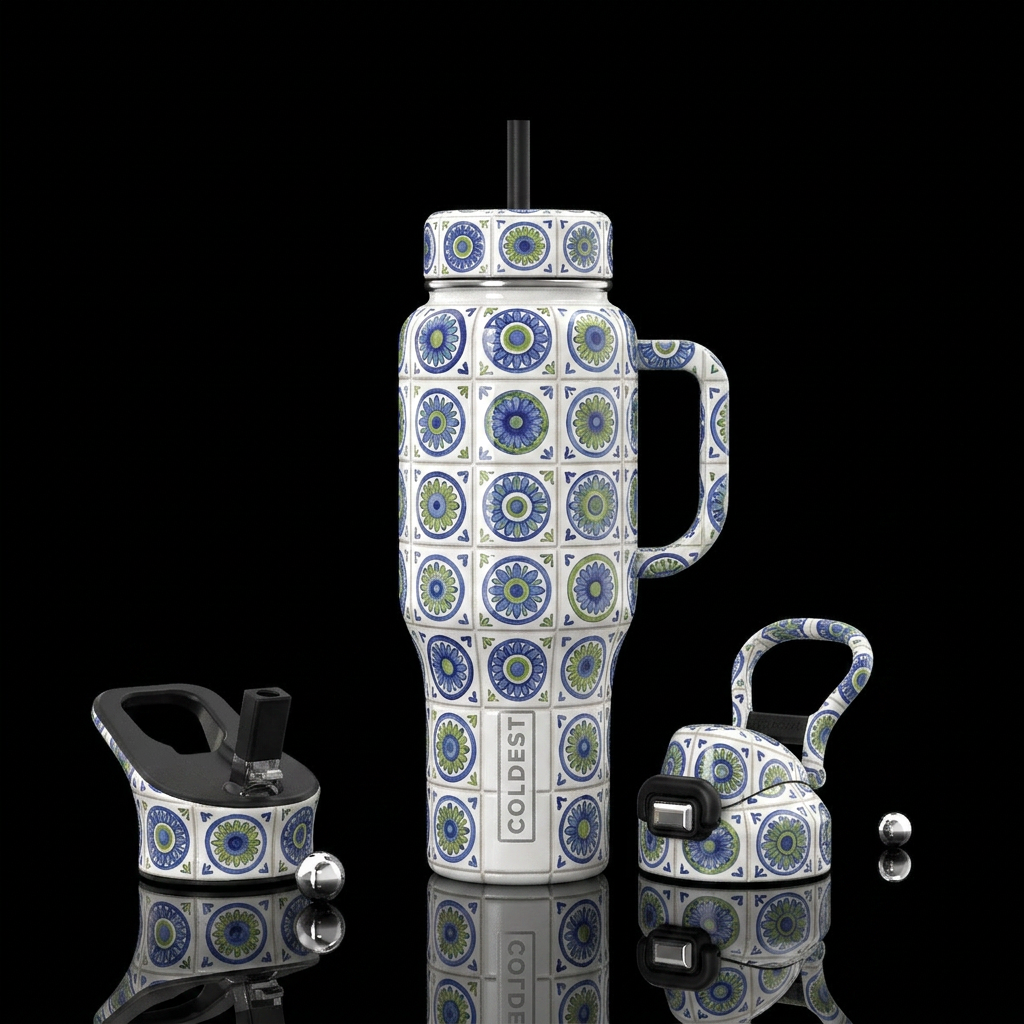 White tiles with indigo and cornflower blue green ... water bottle design