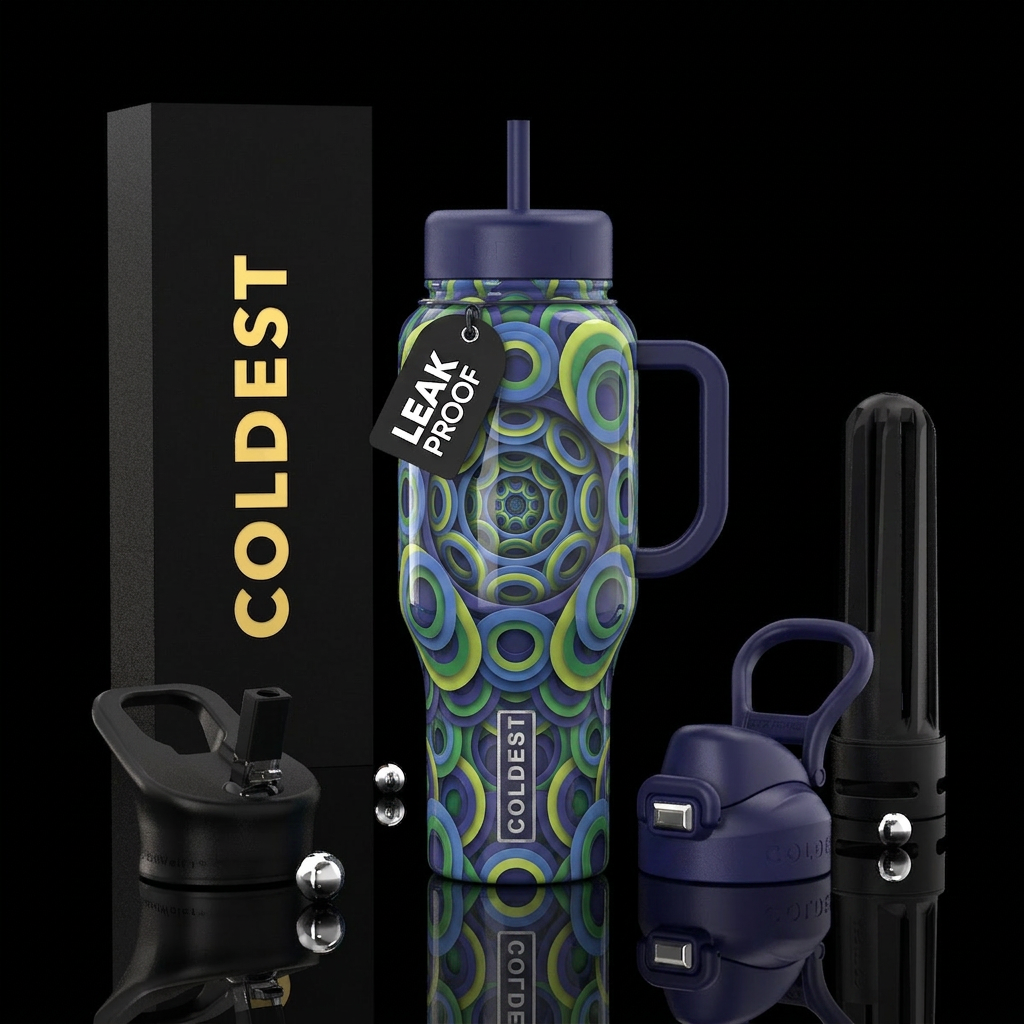 White  with indigo and cornflower blue green chart... water bottle design