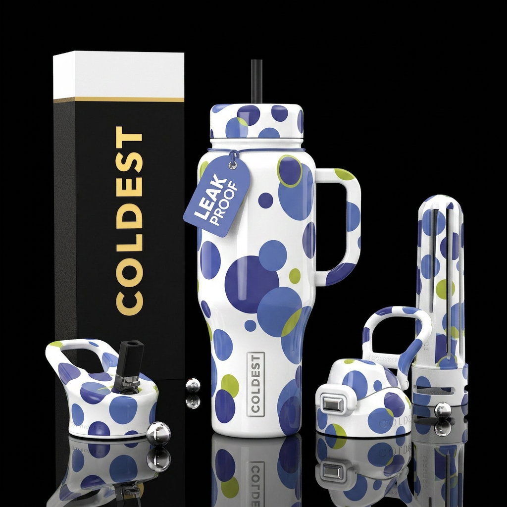 White  with indigo and cornflower blue green chart... water bottle design