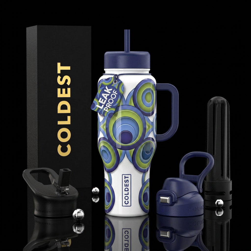 White  with indigo and cornflower blue green chart... water bottle design