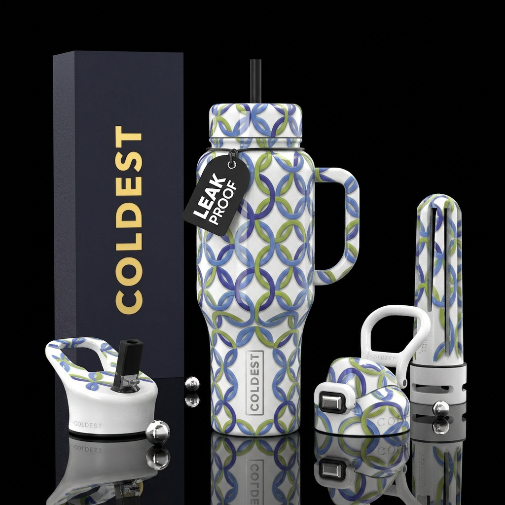 White  with indigo and cornflower blue green chart... water bottle design