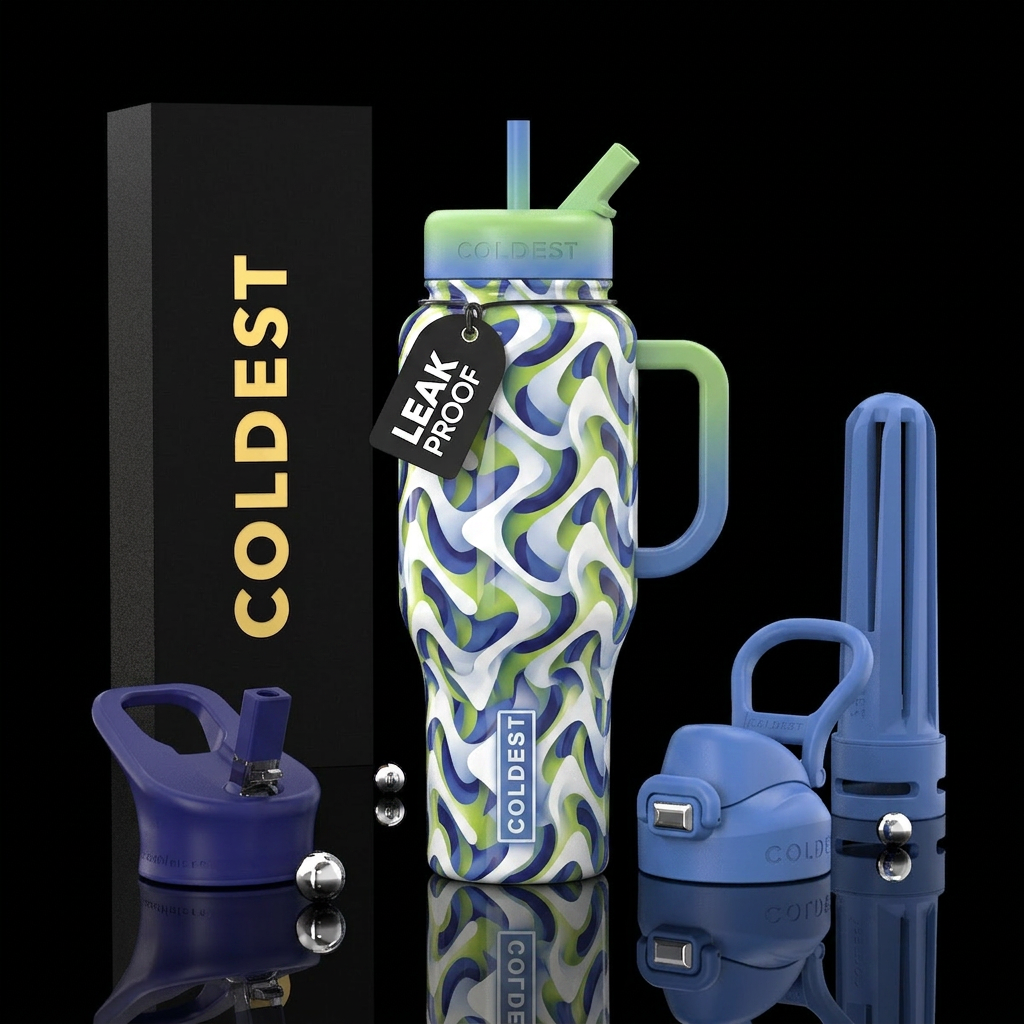 White  with indigo and cornflower blue green chart... water bottle design