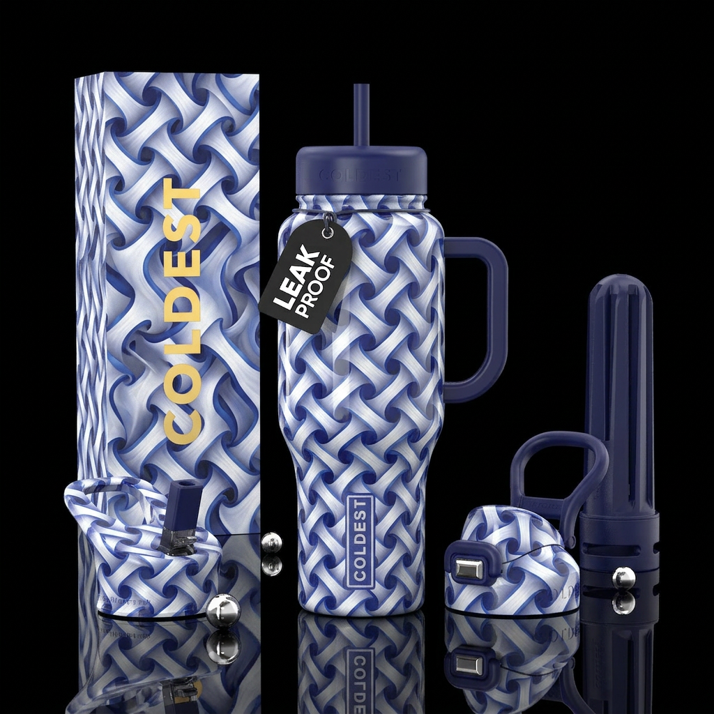 White  with indigo and cornflower blue green chart... water bottle design