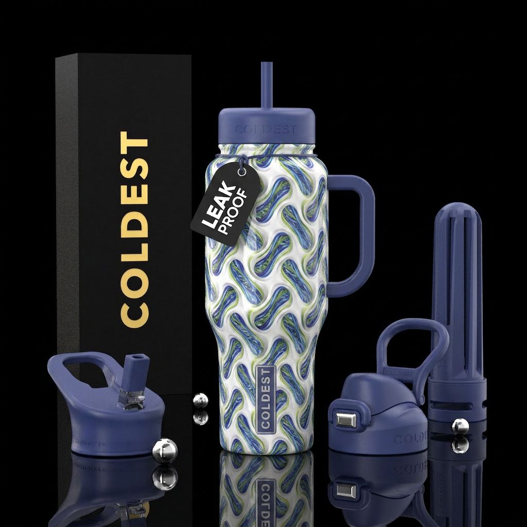White  with indigo and cornflower blue green chart... water bottle design