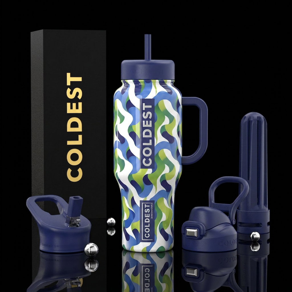 White  with indigo and cornflower blue green chart... water bottle design