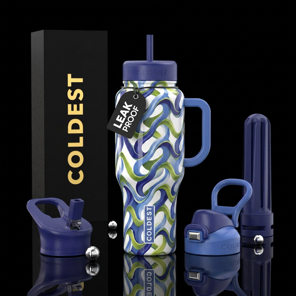 White  with indigo and cornflower blue green chart... water bottle design