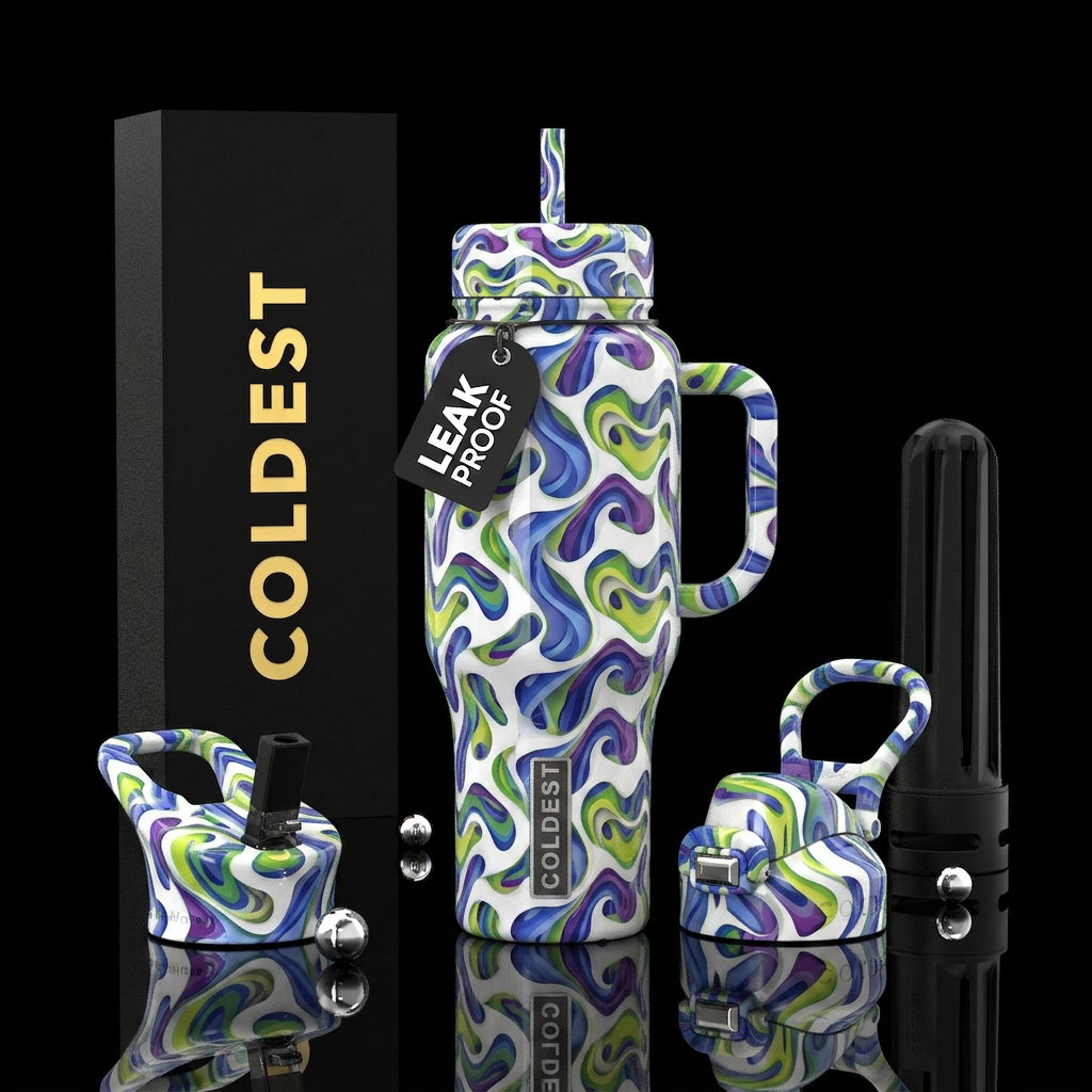 White  with indigo and cornflower blue green chart... water bottle design