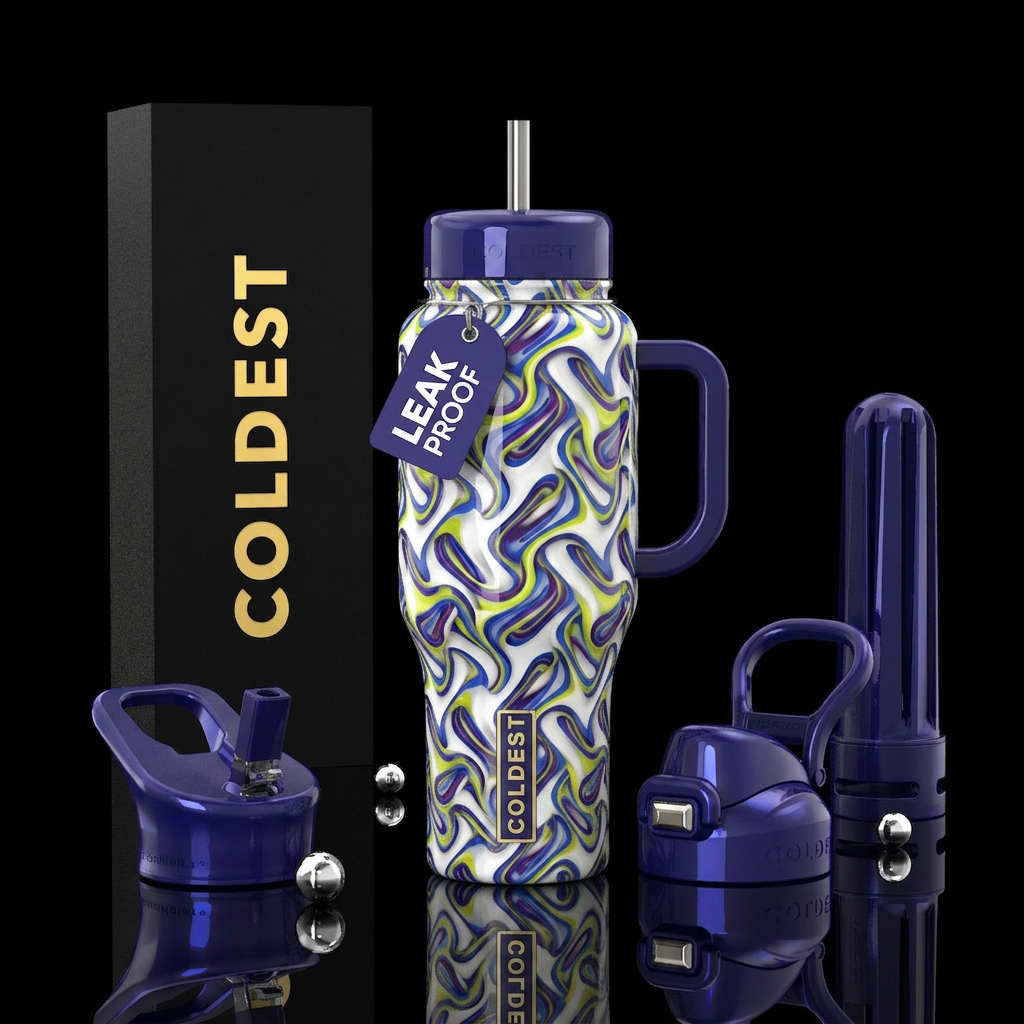 White  with indigo and cornflower blue chartreuse ... water bottle design