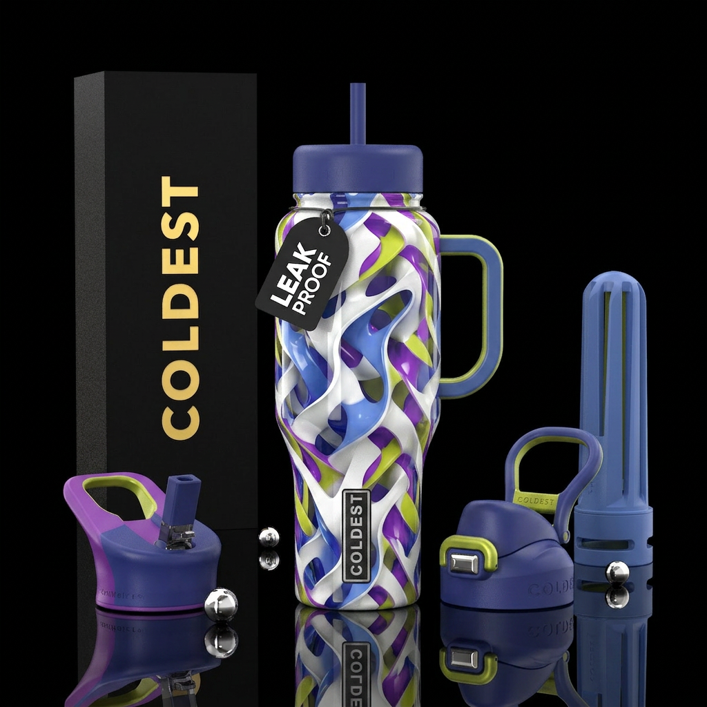 White  with indigo and cornflower blue chartreuse ... water bottle design