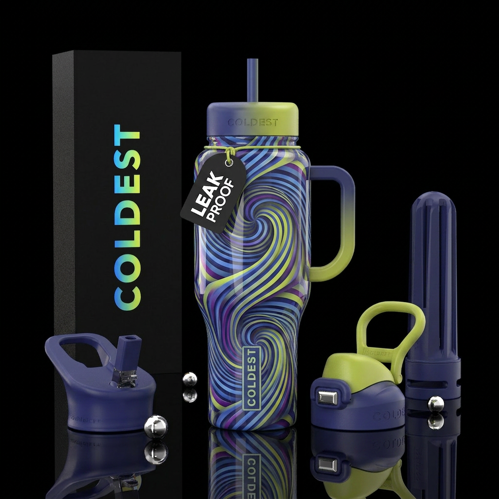 indigo and cornflower blue chartreuse purple gyroi... water bottle design
