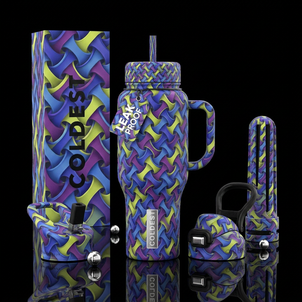 indigo and cornflower blue chartreuse purple gyroi... water bottle design