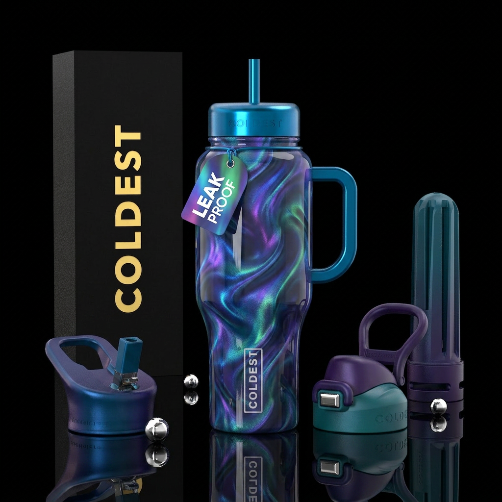 Aurora gyroid,glossy, trompe-l'œil, glowie water bottle design