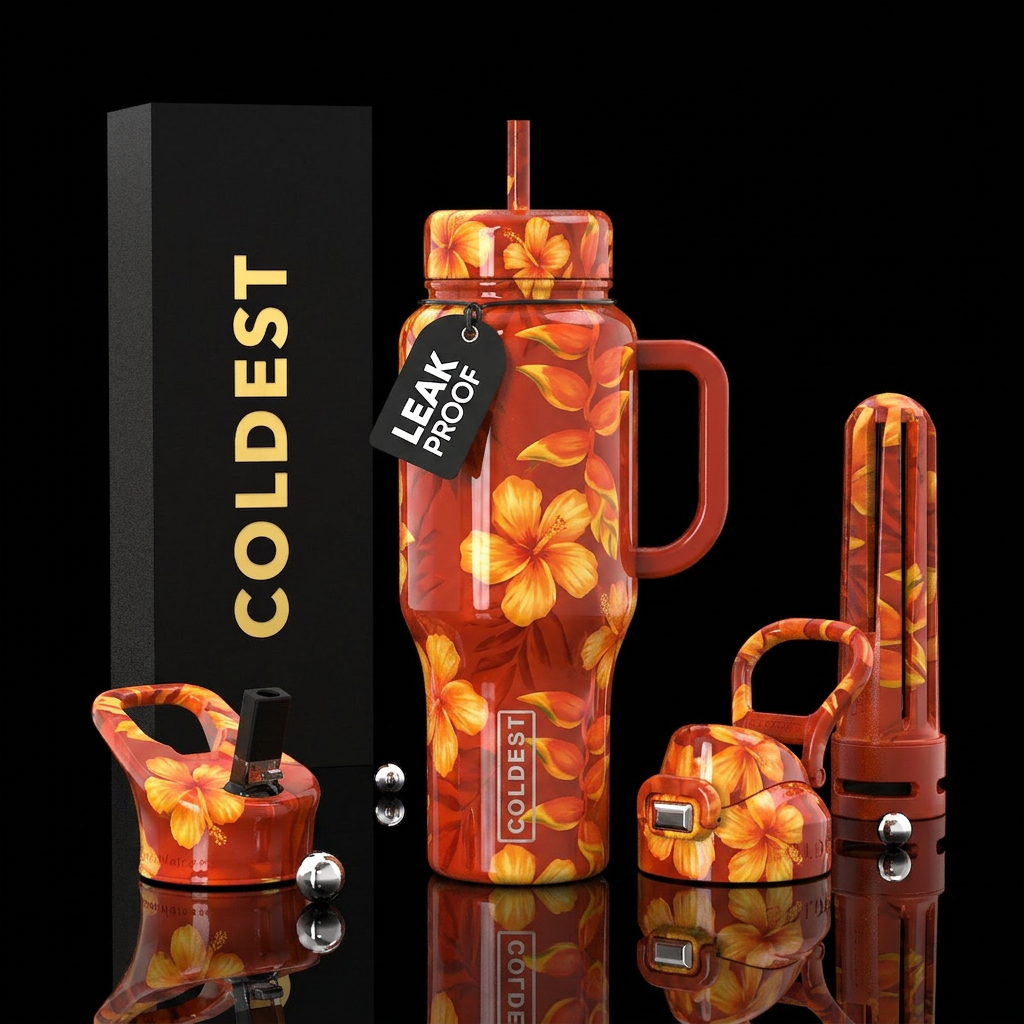 Redish orange background yellowish orange tropical... water bottle design
