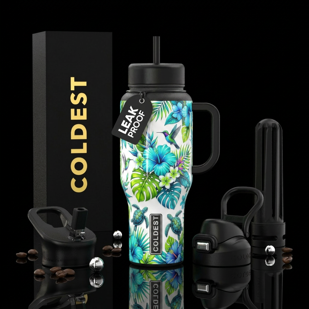 White background Hawaiian blue, Hawaiian lime gree... water bottle design