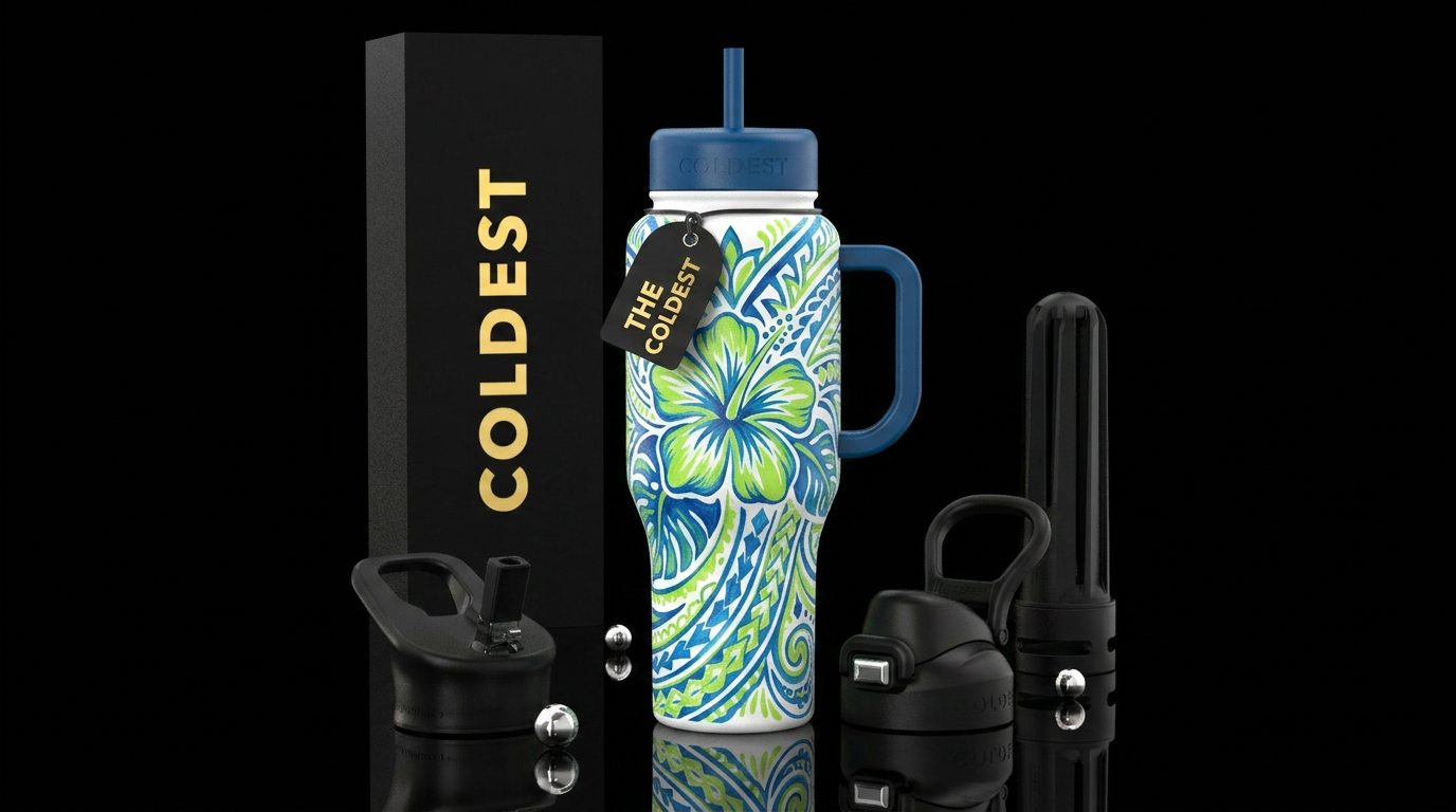 White background Hawaiian blue, Hawaiian lime gree... water bottle design