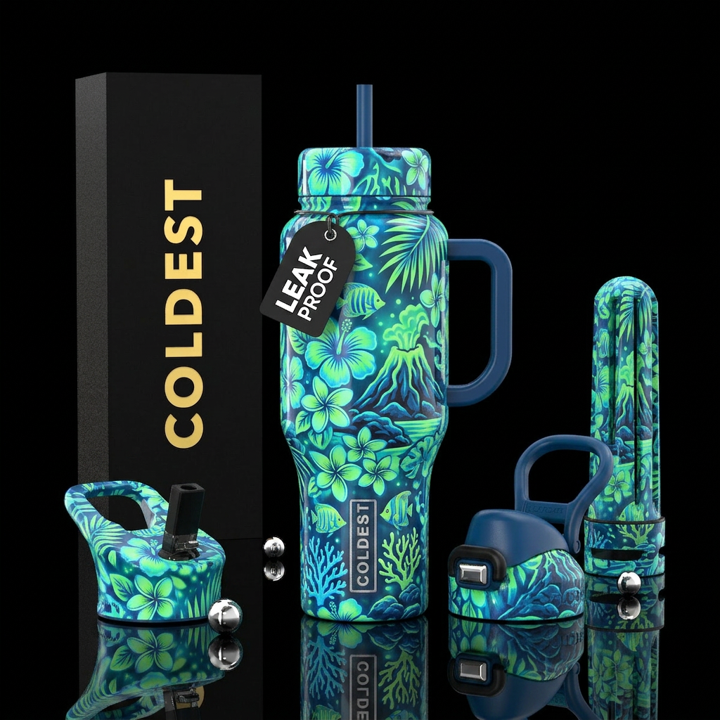 White background Hawaiian blue, Hawaiian lime gree... water bottle design