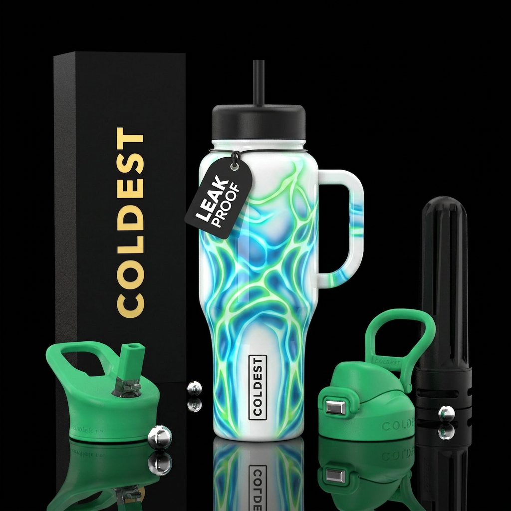 White background Hawaiian blue, Hawaiian lime gree... water bottle design