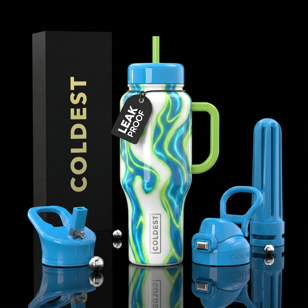 White background Hawaiian blue, Hawaiian lime gree... water bottle design