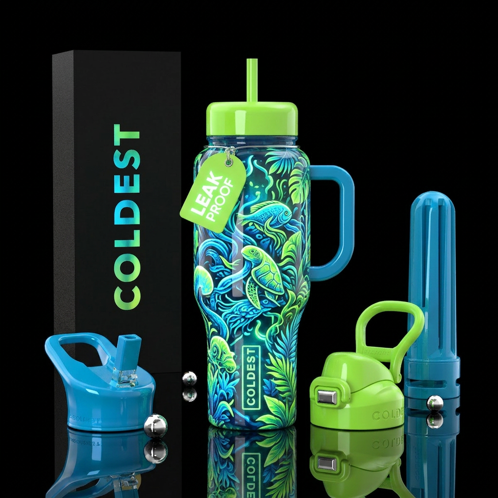 White background Hawaiian blue, Hawaiian lime gree... water bottle design