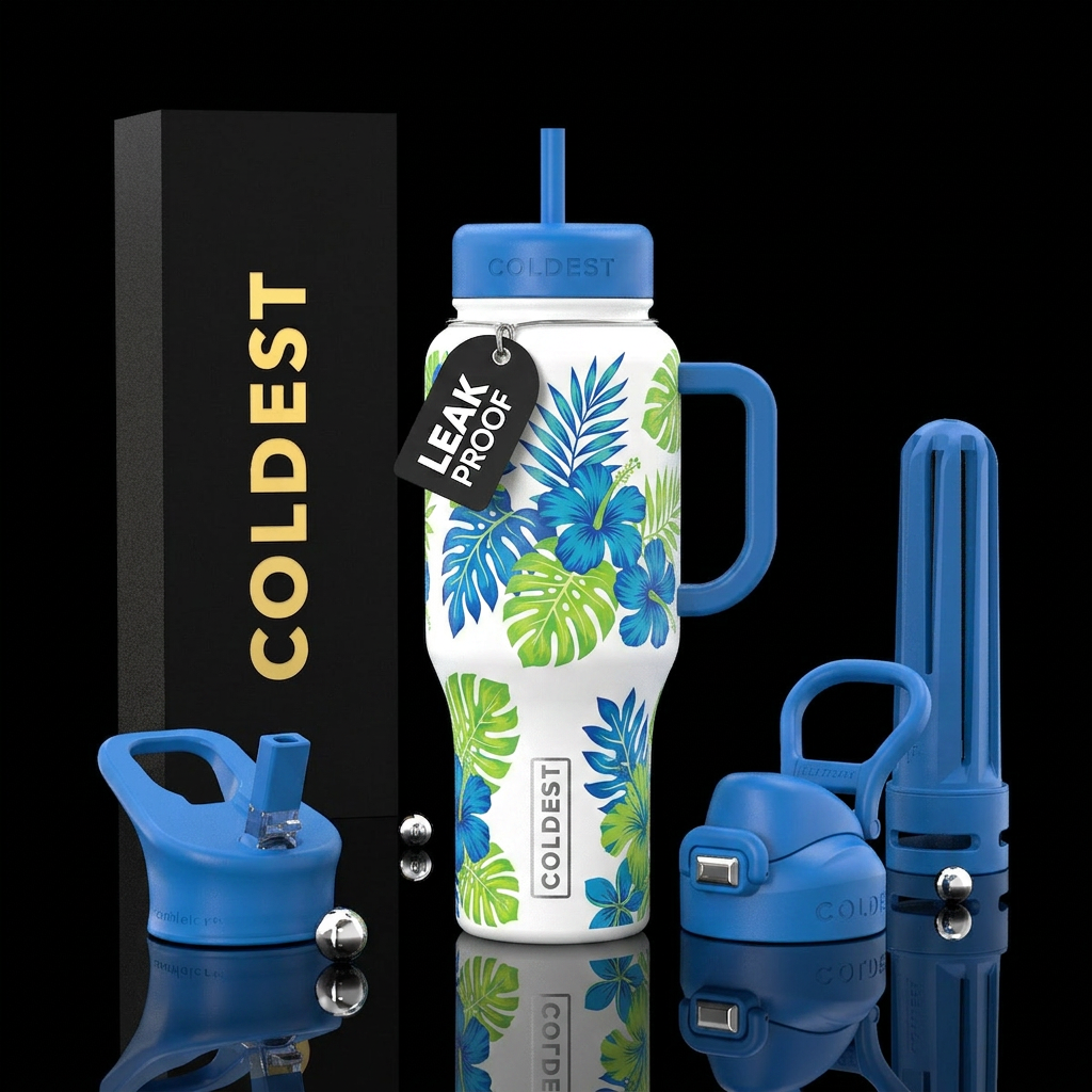 White background Hawaiian blue, Hawaiian lime gree... water bottle design