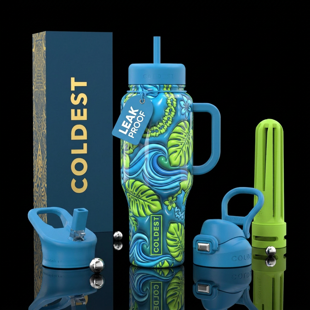 White background Hawaiian blue, Hawaiian lime gree... water bottle design
