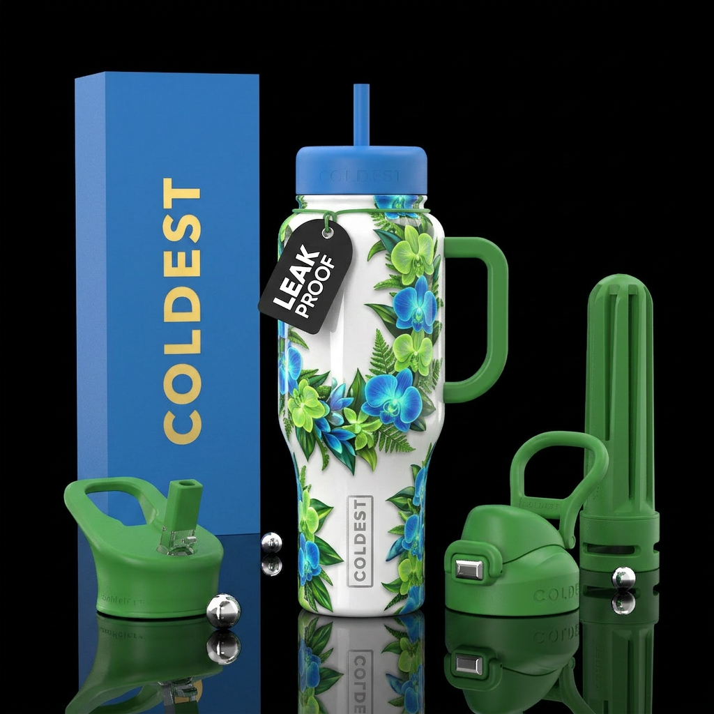 White background Hawaiian blue, Hawaiian lime gree... water bottle design