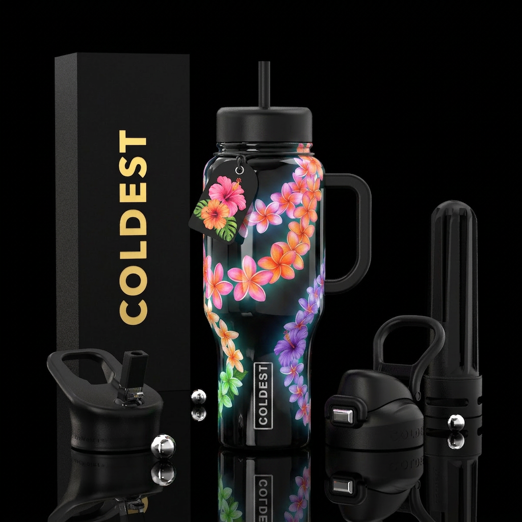 White background Hawaiian lei glossy, trompe-l'œil... water bottle design