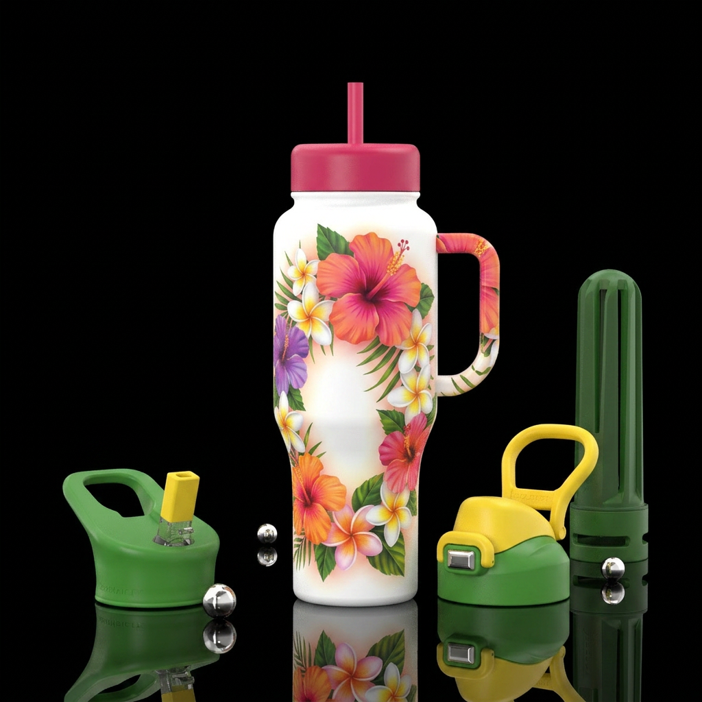 White background Hawaiian lei glossy, trompe-l'œil... water bottle design
