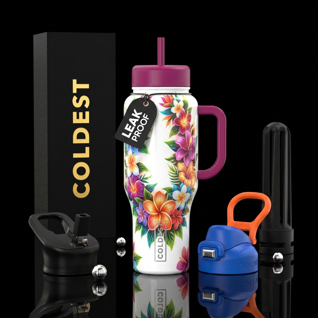 White background Hawaiian lei glossy, trompe-l'œil... water bottle design