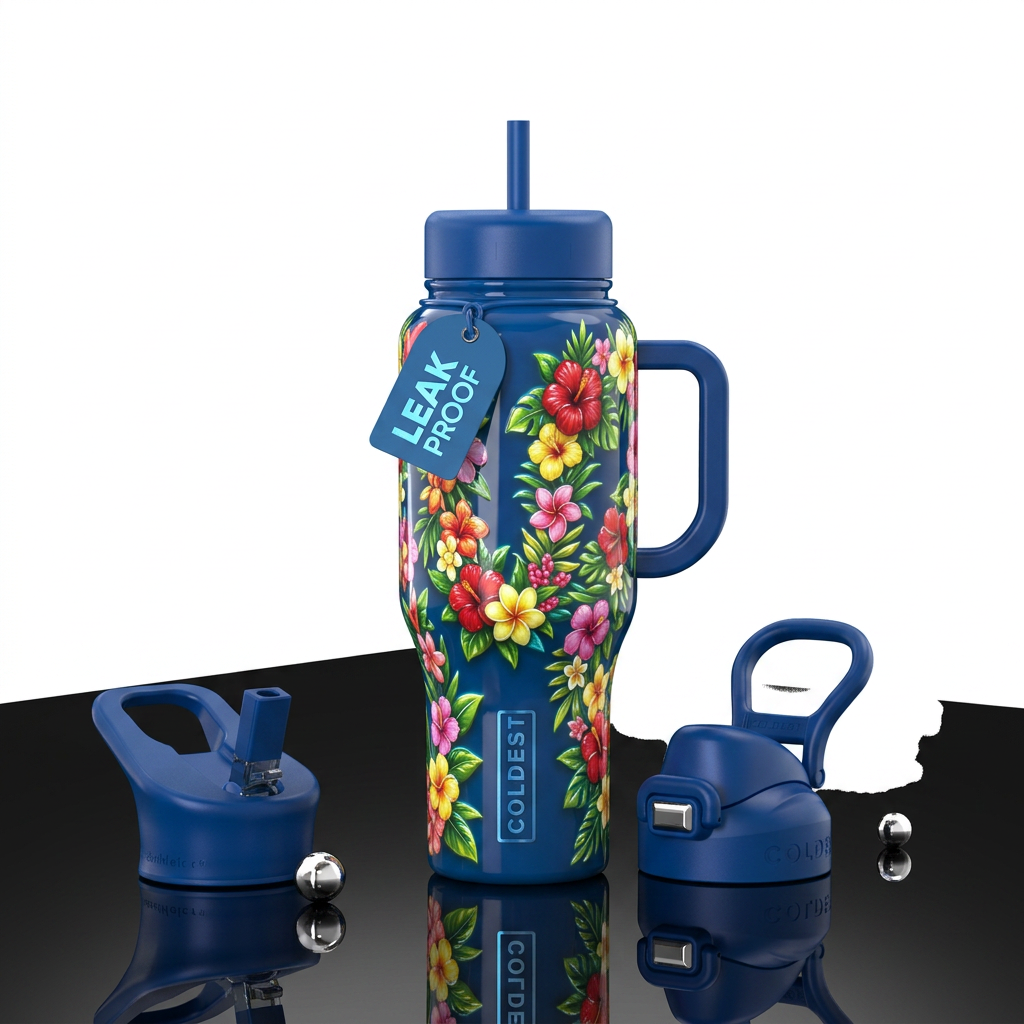 Hawaiian blue background Hawaiian lei glossy, trom... water bottle design