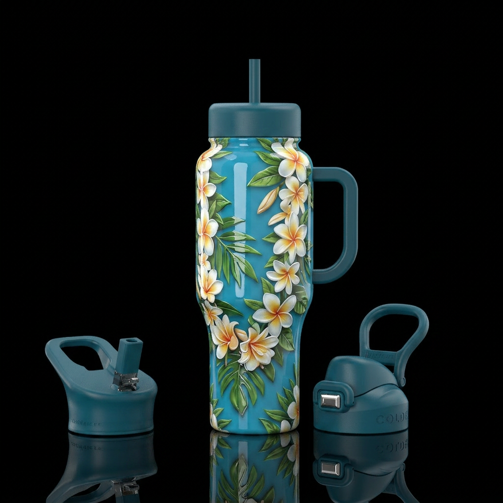 Hawaiian blue background Hawaiian lei glossy, trom... water bottle design