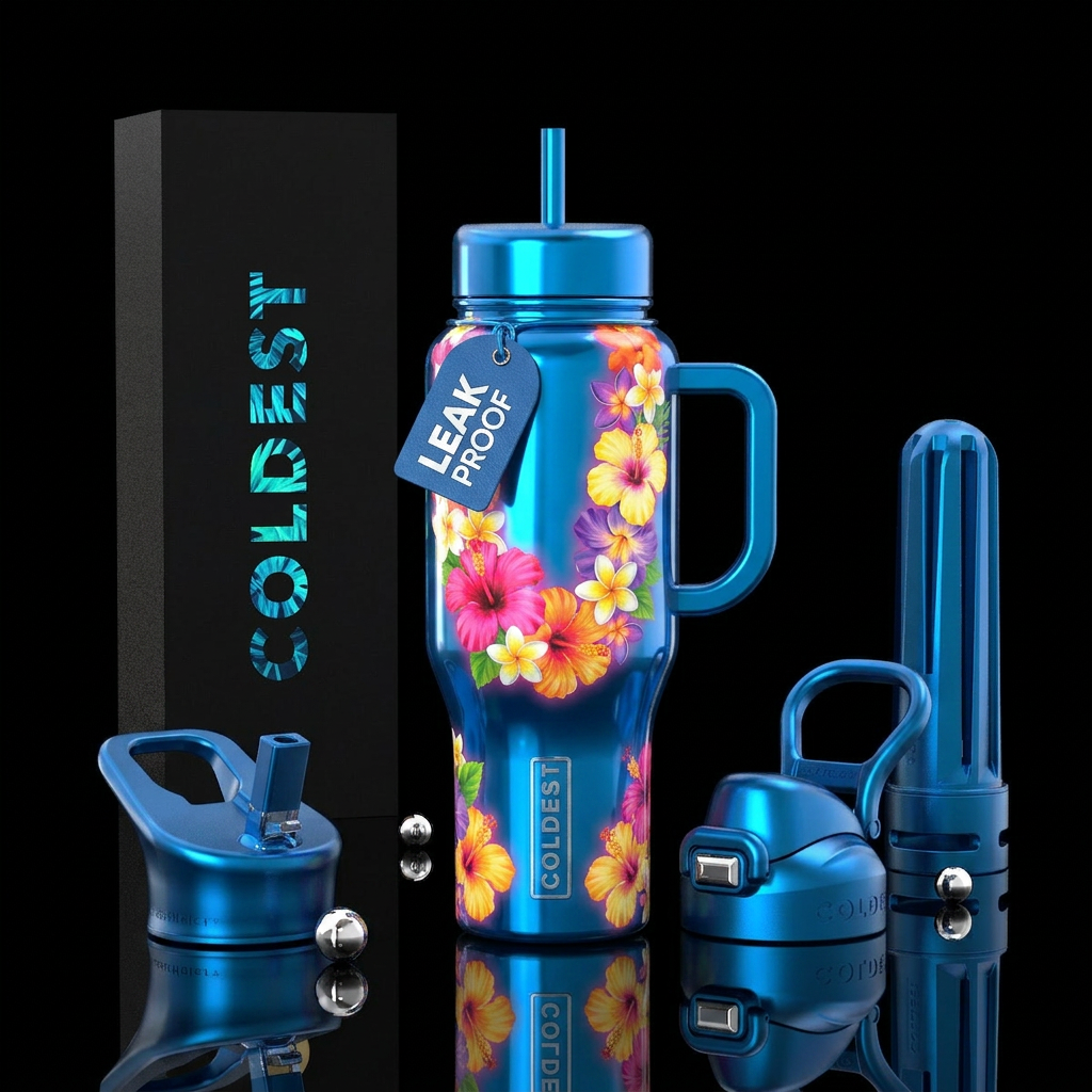 Hawaiian blue background Hawaiian lei glossy, trom... water bottle design