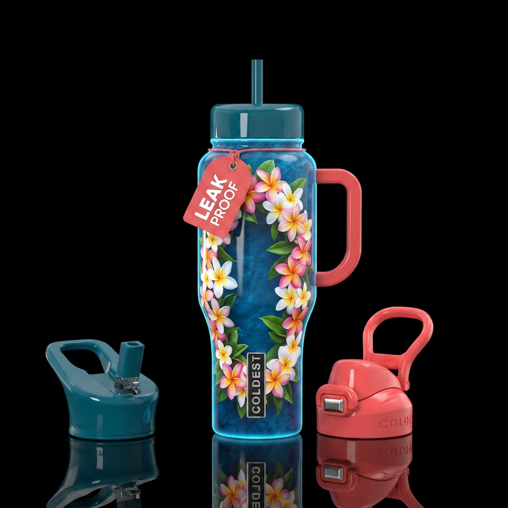 Hawaiian blue background Hawaiian leid glossy, tro... water bottle design
